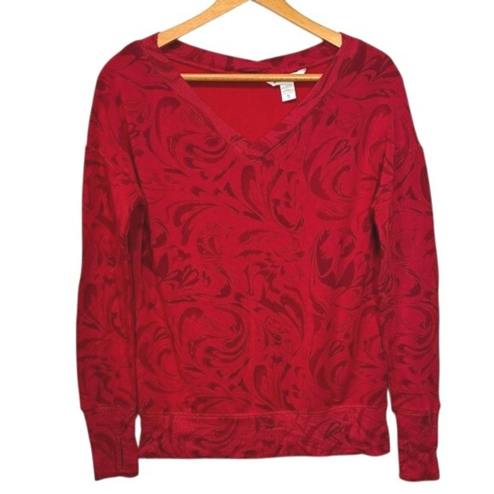 Women's Athleta Red Coaster Luxe V Neck Paisley Pullover Workout Sweatshirt XS‎